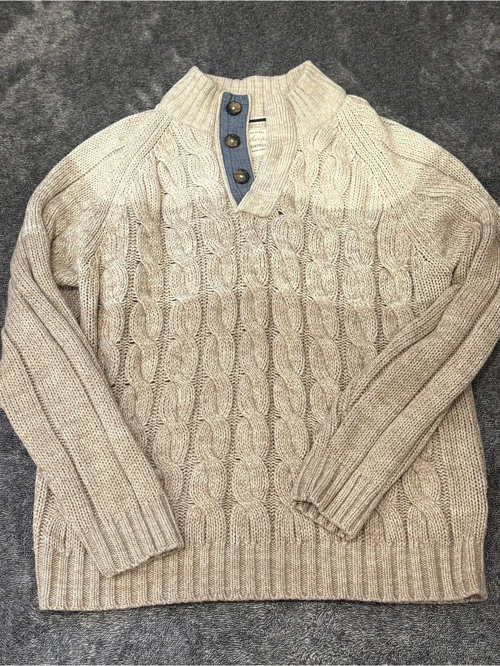 Weatherproof Vintage Sweater Men’s Large Oatmeal Cable Knit Button Mock Neck